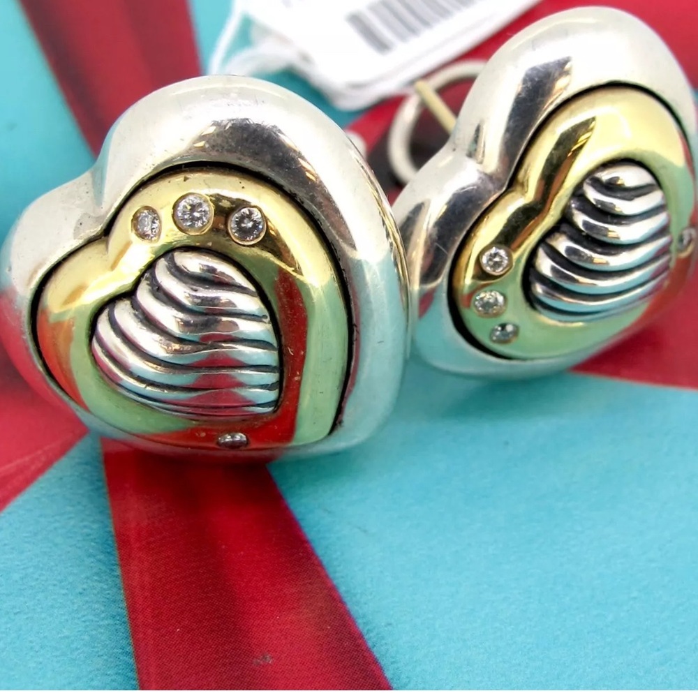 David Yurman Two-Tone Heart Earrings Silver and Gold with Diamonds - Picture 3 of 5